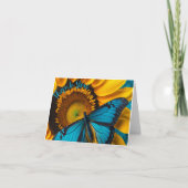 水色ブルーバタフライ付きヒマワリ サンキューカード (正面)