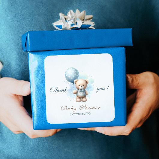 水色ブルーバルーンテディベア赤ちゃんシャワー スクエアシール