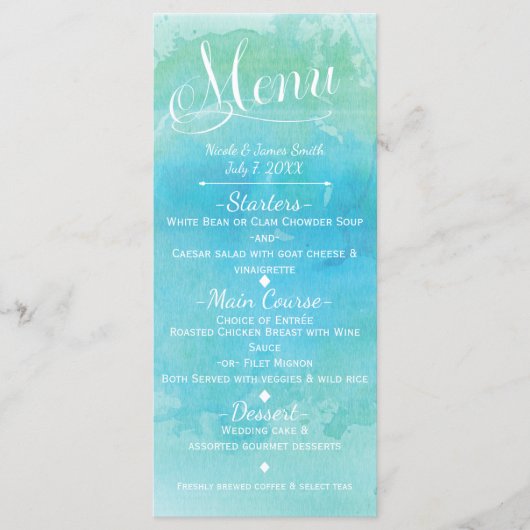 水色ブルービーチエレガントなウェディングメニューカード メニュー (正面)
