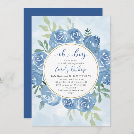 水色ブルーフローラオ男の子ベイビーシャワー 招待状 (正面/裏面)