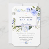 水色ブルーフローラフレームクロスボーイバプテスマ 招待状 (正面)