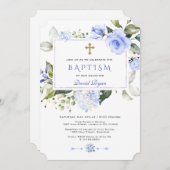 水色ブルーフローラフレームクロスボーイバプテスマ 招待状 (正面/裏面)