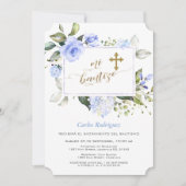 水色ブルーフローラフレーム金ゴールドクロスミバウティゾ 招待状 (正面)