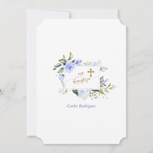 水色ブルーフローラフレーム金ゴールドクロスミバウティゾ 招待状 (裏面)