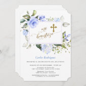 水色ブルーフローラフレーム金ゴールドクロスミバウティゾ 招待状 (正面/裏面)