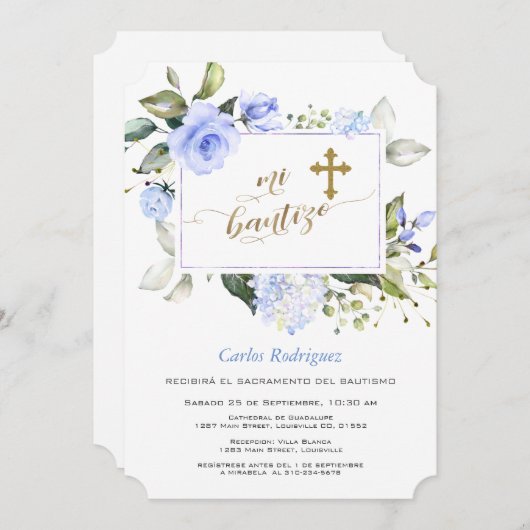 水色ブルーフローラフレーム金ゴールドクロスミバウティゾ 招待状 (正面/裏面)