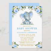 水色ブルーフローラ赤ちゃんシャワーエレファントボウ 招待状 (正面/裏面)