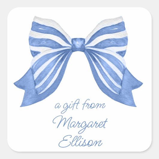 水色ブルーボウストライプのギフトステッカー スクエアシール (正面)