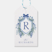 水色ブルーボウ冬の緑のクレストギフトラベル ギフトタグ (正面)