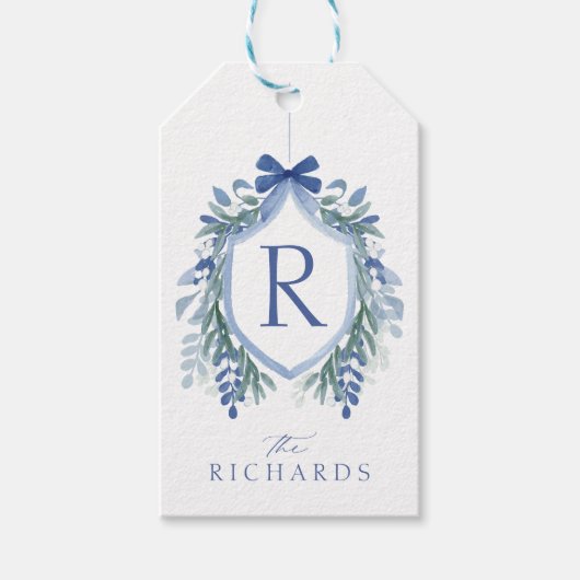水色ブルーボウ冬の緑のクレストギフトラベル ギフトタグ (正面)