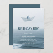 水色ブルーボートボーイバースデーパーティーの招待 インビテーションポストカード (正面/裏面)