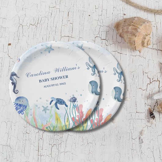 水色ブルー海のベビーシャワーの下 ペーパープレート