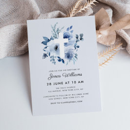水色ブルー花模様バプテスマの招待 招待状