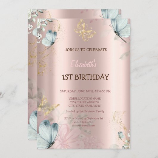 水色ブルー蝶バラ金ゴールド誕生日 招待状 (正面/裏面)