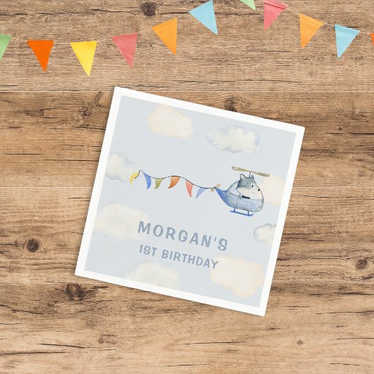 水色ヘリコプターキュートウルフファースト誕生日 スタンダードカクテルナプキン