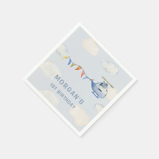 水色ヘリコプターキュートウルフファースト誕生日 スタンダードカクテルナプキン (角)