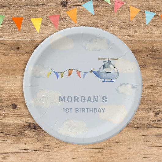 水色ヘリコプターキュートウルフファースト誕生日 ペーパープレート