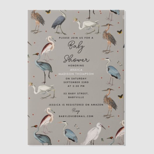 水色ヘロン鳥エグレ自然赤ちゃんシャワー ベラム紙招待状 (正面)