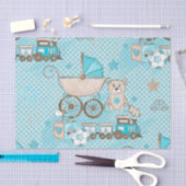 水色ベビーブルーテディベア車ブロック 薄葉紙 (クラフト)