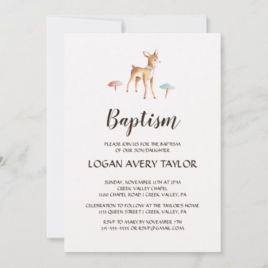 水色ベビー鹿とキノコ洗礼 招待状 (正面)