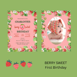 水色ベリー甘い最初の女の子の誕生日の写真 招待状