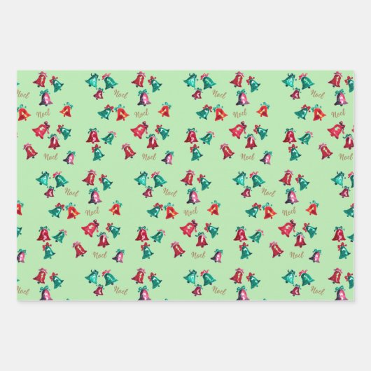 水色ベルズハンドドローパーソナライズされたクリスマス ラッピングペーパーシート (正面3)