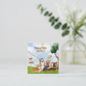 水色ペット座って、犬の歩く、グルーミング スクエア名刺 (スタンド正面)