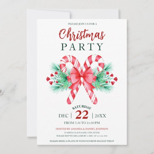 水色ペパーミントキャンディーケーンクリスマスクリスマスパーティー 招待状 (正面)