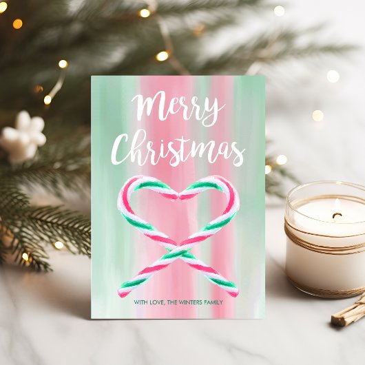 水色ペパーミントハートキャンディーケーンクリスマス シーズンカード