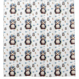 水色ペンギン模様（白） シャワーカーテン