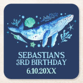 水色ホエールザシーネイビーブルーパーティー スクエアペーパーコースター (正面)