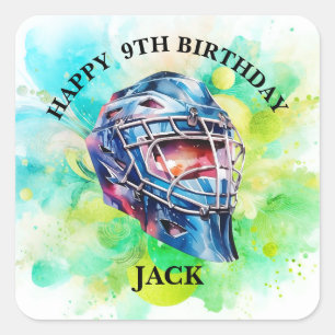 水色ホッケー誕生日パーティーヘルメットテンプレート スクエアシール