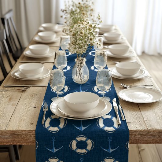水色ボートいかりとライフブイ海軍ブルー ロングテーブルランナー
