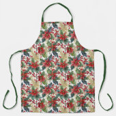 水色ポインセチアとホリーパターンクリスマス エプロン (正面)