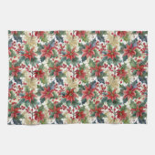 水色ポインセチアとホリーパターンクリスマス キッチンタオル (横)
