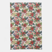 水色ポインセチアとホリーパターンクリスマス キッチンタオル (縦)