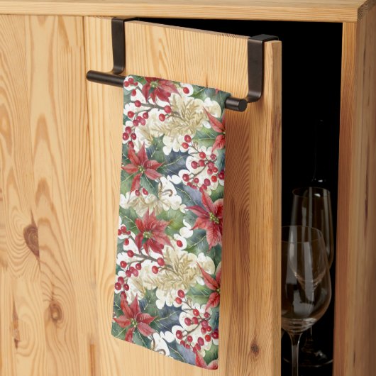 水色ポインセチアとホリーパターンクリスマス キッチンタオル (三つ折り)