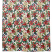 水色ポインセチアとホリーパターンクリスマス シャワーカーテン (正面)