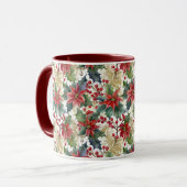 水色ポインセチアとホリーパターンクリスマス マグカップ (正面左)