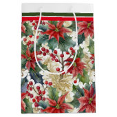 水色ポインセチアとホリーパターンクリスマス ミディアムペーパーバッグ (正面)