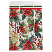 水色ポインセチアとホリーパターンクリスマス ミディアムペーパーバッグ (裏面)