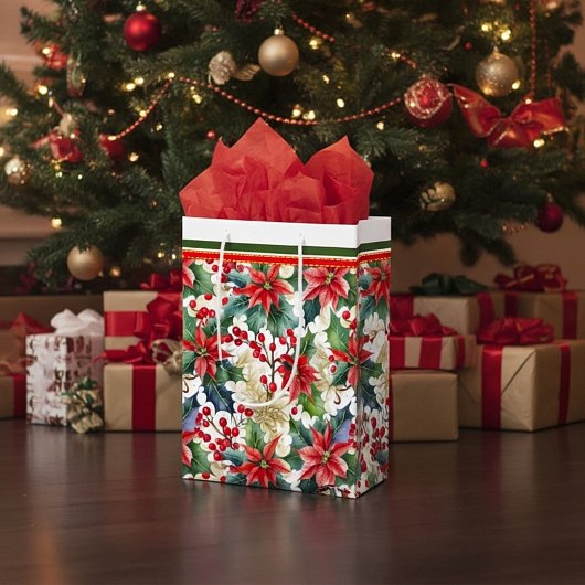 水色ポインセチアとホリーパターンクリスマス ミディアムペーパーバッグ