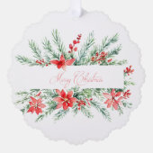 水色ポインセチアと緑のクリスマス オーナメントカード (正面)