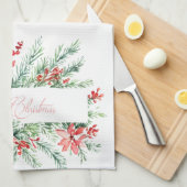 水色ポインセチアと緑のクリスマス キッチンタオル (四つ折り)