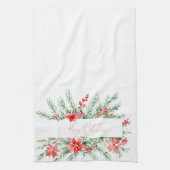 水色ポインセチアと緑のクリスマス キッチンタオル (縦)