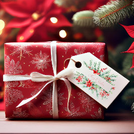 水色ポインセチアと緑のクリスマス ギフトタグ