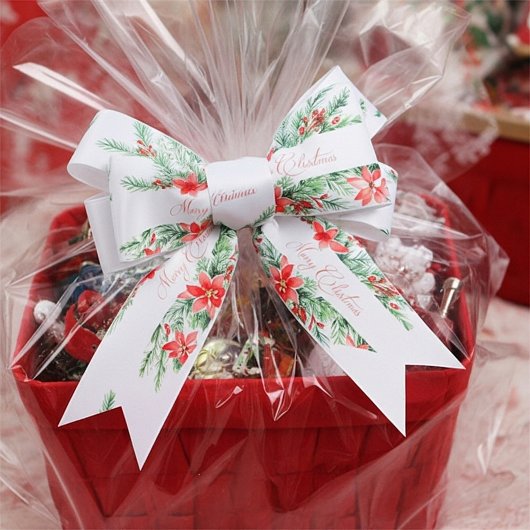 水色ポインセチアと緑のクリスマス サテンリボン