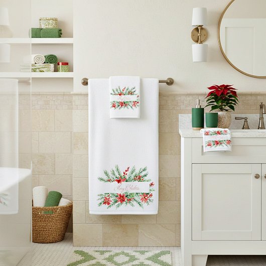 水色ポインセチアと緑のクリスマス バスタオルセット