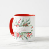 水色ポインセチアと緑のクリスマス マグカップ (正面左)