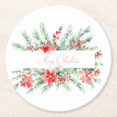 水色ポインセチアと緑のクリスマス ラウンドペーパーコースター (正面)